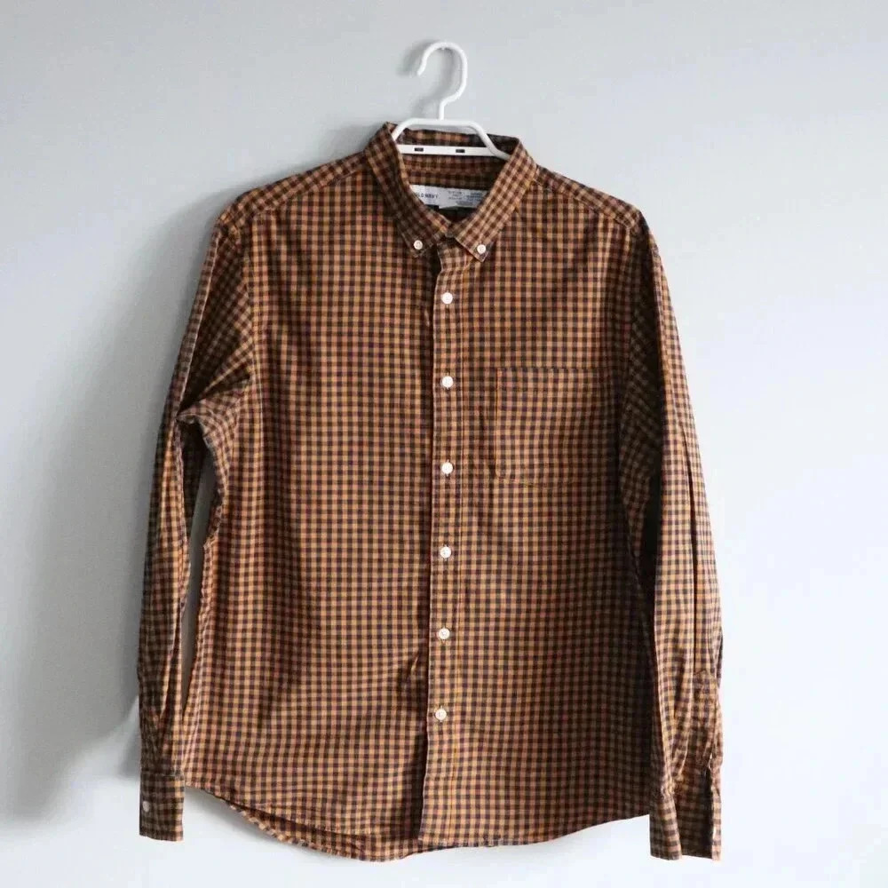 Old Navy Men's Large Orange Plaid Regular Fit Buttoned Collared Long Sleeve Top